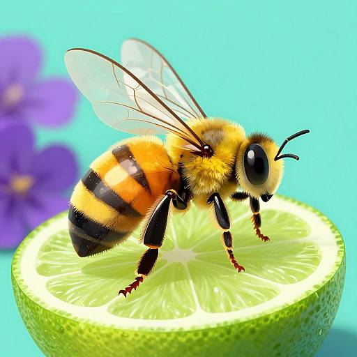 Close-up photograph of a honeybee with vibrant yellow and black stripes, translucent wings, and fuzzy body, perched on a lime slice against a bright