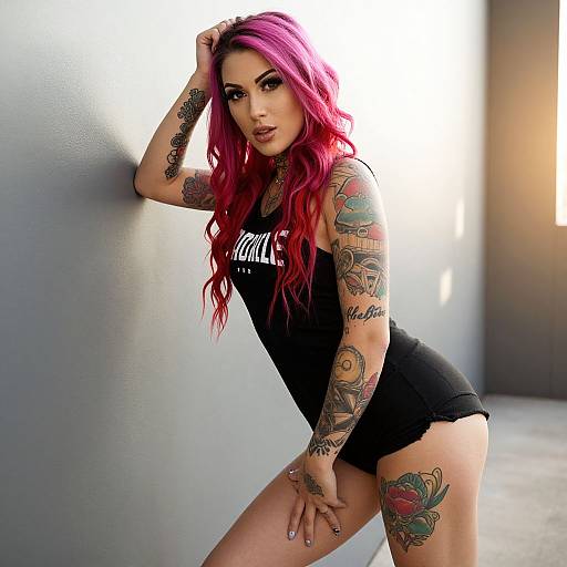 Photograph of a tattooed woman with vibrant pink hair, wearing a black tank top and shorts, leaning against a white wall. Sunlight streams in