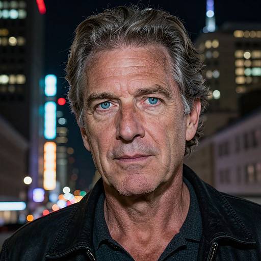 Photograph of an older man with gray hair, blue eyes, and a serious expression, wearing a black jacket, against a nighttime cityscape with colorful