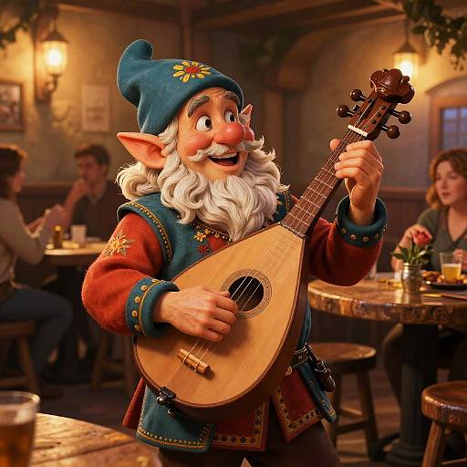 Gnome Bard Playing Lute in Tavern