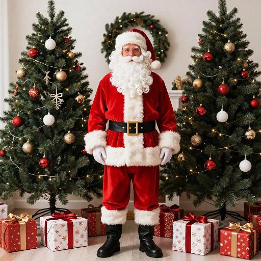 Photograph of Santa Claus in traditional red suit with white fur trim, black belt, black boots, standing between two decorated Christmas trees and wrapped gifts.