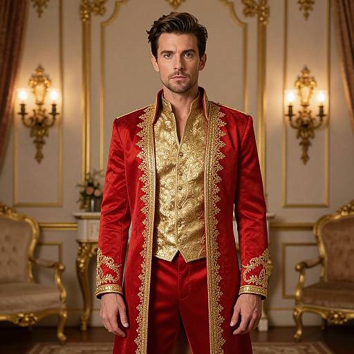 Photograph of a handsome man with short dark hair, wearing a luxurious red and gold embroidered jacket and vest, standing in an ornate, golden-wall