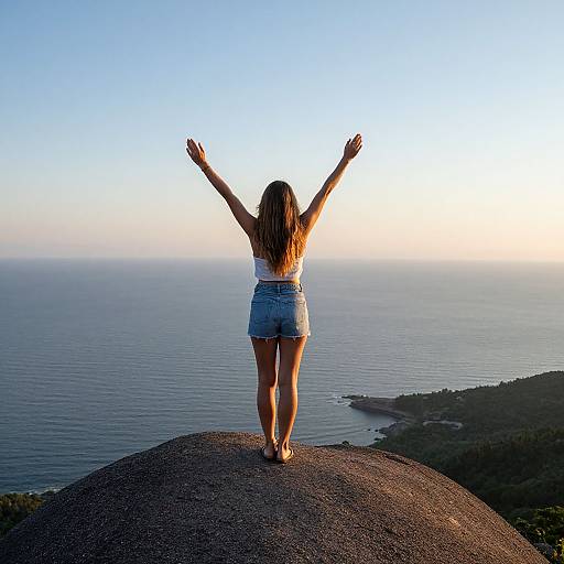 Photograph of a woman with long brown hair, wearing a white crop top and blue denim shorts, standing on a rocky cliff with arms raised, overlooking