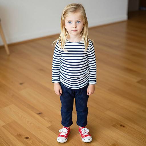 Photograph of a blonde, blue-eyed toddler in a black-and-white striped long-sleeve shirt, navy pants, and red sneakers, standing on
