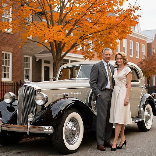 Photograph of a smiling elderly couple in formal attire standing beside a classic black and white vintage car with bright orange autumn leaves in the background.