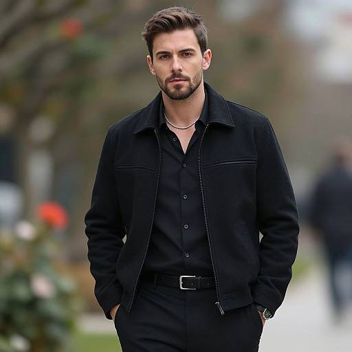Photograph of a handsome, bearded man with short brown hair, wearing a black jacket and black shirt, standing outdoors with blurred background. Hands in