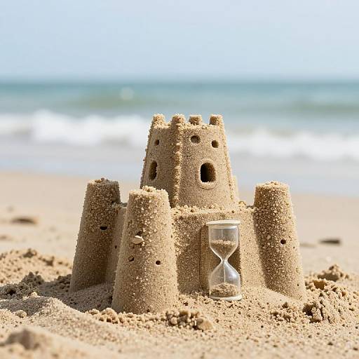 Photograph of a sandcastle with a small hourglass in front, set on a sandy beach with ocean waves and clear sky in the background.