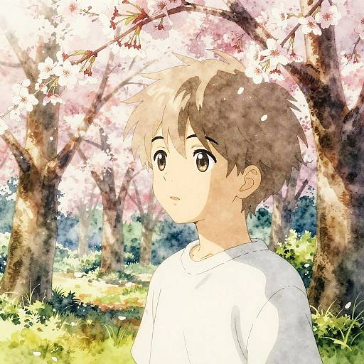 Anime-style digital drawing of a young boy with brown hair and brown eyes, wearing a white shirt, standing under cherry blossoms. Sunlight filters through
