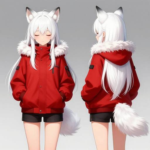 Digital anime-style drawing of a white-haired girl with fox ears and tail, wearing a red fur-trimmed jacket and black shorts, shown from front