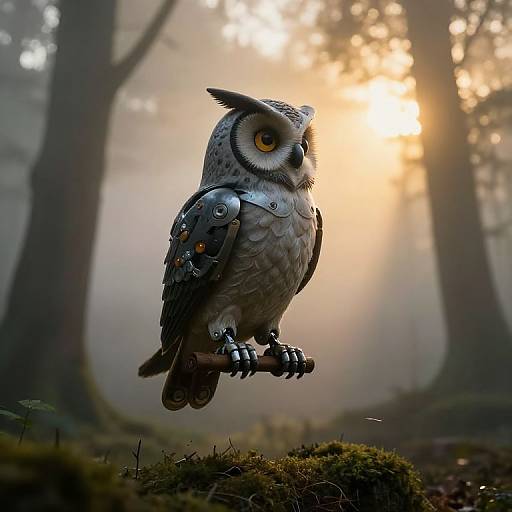 Digital artwork of a mechanical owl with metallic wings and orange eyes, perched on a mossy branch in a foggy forest at sunrise.