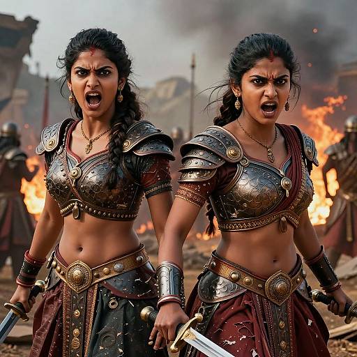 Photorealistic CGI image of two fierce Indian warrior women in metallic armor, mid-roar, holding swords, with a blazing battlefield background.