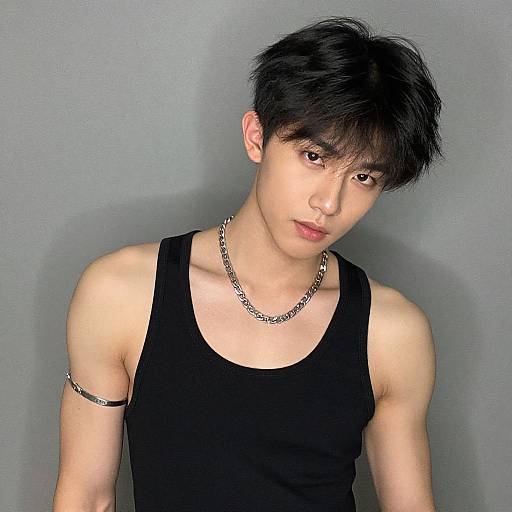 Photograph of an Asian male with short black hair, wearing a black tank top, silver chain necklace, and arm band, against a gray background.