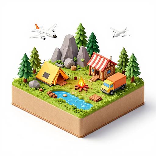 Colorful digital illustration of a camping scene: yellow tent, red-striped cabin, campfire, pond, trees, mountains, helicopter, and van on
