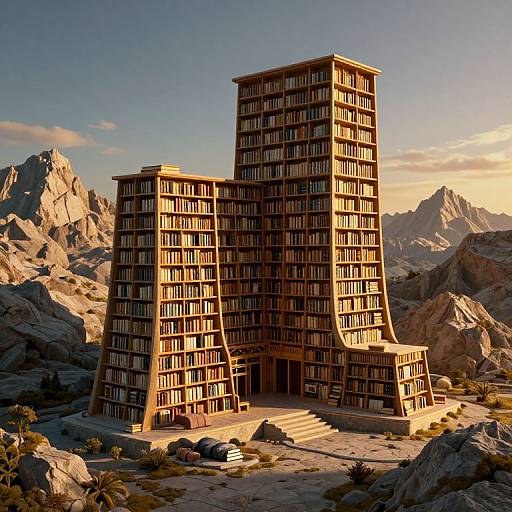 Photorealistic CGI of a towering, rectangular, multi-story library building with numerous windows, set in a sunlit, rocky desert landscape.