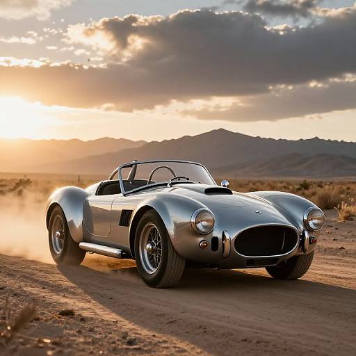 Photograph of a sleek, silver vintage convertible sports car speeding through a dusty desert at sunset, with mountains and dramatic clouds in the background.