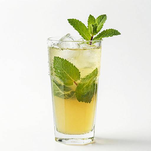 Photograph of a refreshing lemonade in a clear glass, garnished with fresh green mint leaves and ice cubes, against a white background.