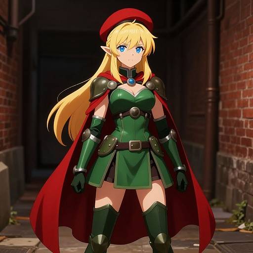 Digital anime-style drawing of a blonde elf woman with blue eyes, wearing a green dress, red cape, and black armor, standing in a dimly