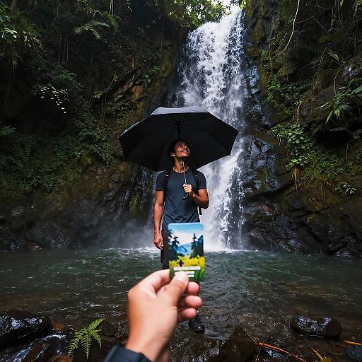Photograph of a man holding a black umbrella standing in front of a cascading waterfall, captured by a person in the foreground with a camera. L