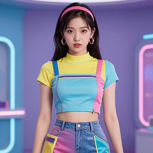 Photograph of an Asian woman with long black hair, pink headband, yellow-blue crop top, colorful denim skirt, standing in neon-lit room
