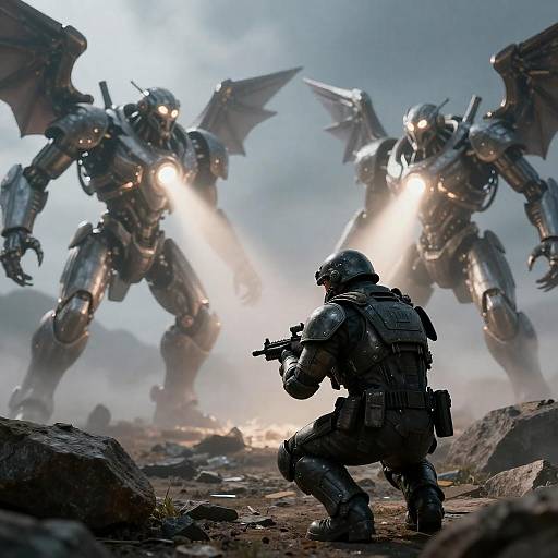 Armored Soldier vs Glowing Winged Mechs