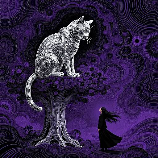 Digital artwork: White, intricately patterned cat sits on a swirling purple tree, gazing down at a silhouette of a person in a flowing black