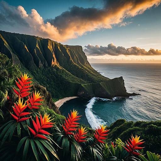 Coastal Cliff with Heliconia Flowers at Sunrise