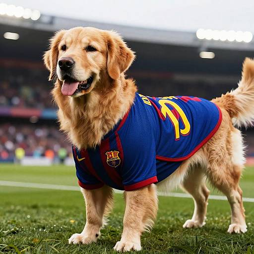 Playful Golden Retriever in Messi Jersey