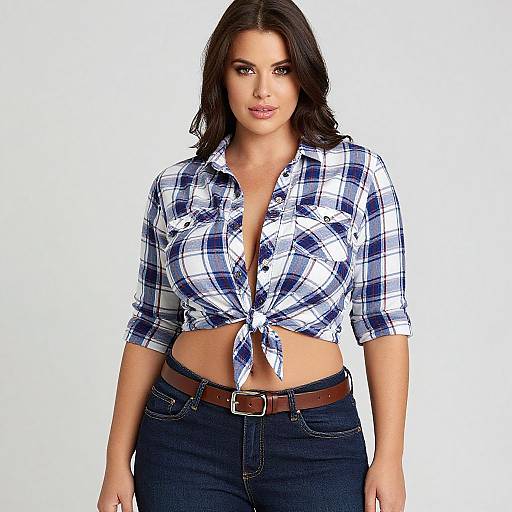 Photograph of a brunette woman with medium skin tone, wearing a tied blue and white plaid shirt, black jeans, brown belt, and neutral expression