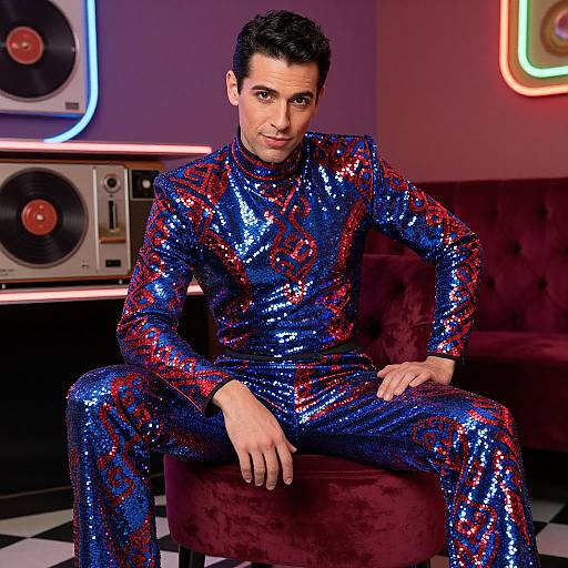 Photograph of a man with short black hair, wearing a shiny blue and red sequin suit, sitting on a maroon velvet couch in a retro