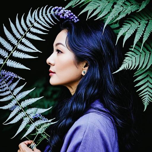 Profile of Woman with Lavender Blossoms and Fern Leaves