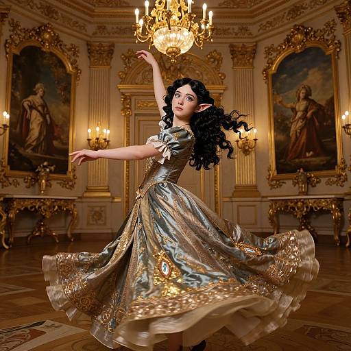 A curly-haired woman in a shimmering, gold-embroidered ball gown dances elegantly in an ornate, chandelier-lit palace room