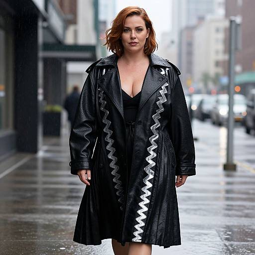 Photograph of a confident, red-haired woman in a black, wavy-patterned leather coat, walking on a wet, urban street.