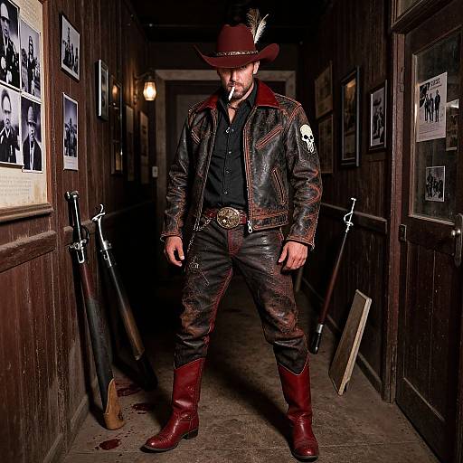 Bold Cowboy Outlaw in Shadowy Saloon