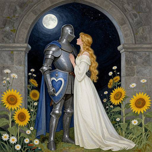 Medieval knight in shining armor and white-robed woman stand under moonlit arch, surrounded by sunflowers and daisies, gazing at each