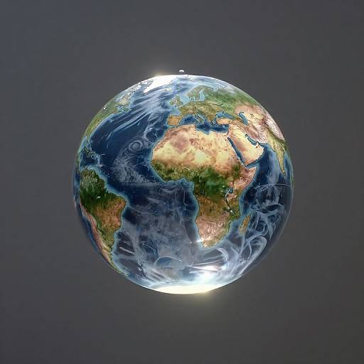 Photorealistic CGI of Earth from space, highlighting Africa, Europe, and the Middle East with vivid colors and swirling blue oceans.