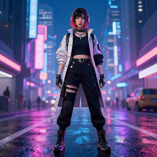 Cyberpunk photograph: Asian woman with red-tipped black hair, black crop top, white coat, black pants, gloves, and boots, stands