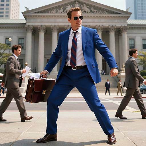 Lawyer in Blue Suit Striking Dynamic Pose Outside Courthouse