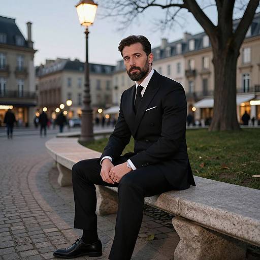 Photograph of a bearded man in a black suit, white shirt, and black tie, sitting on a stone bench in a European square at dusk