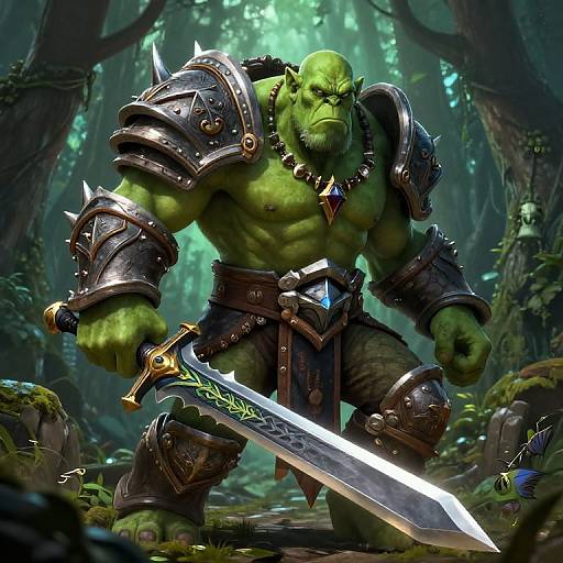 Digital art of a muscular, green-skinned orc warrior with spiked armor, holding a glowing sword, in a dense, mystical forest.