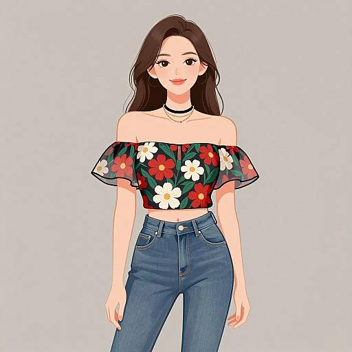 Digital illustration of a young woman with long brown hair, wearing an off-shoulder floral top and high-waisted blue jeans, smiling against a