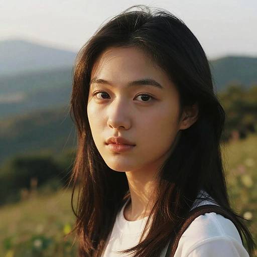 Photograph of a young Asian woman with long black hair, wearing a white top, standing outdoors with a blurred mountainous background. She gazes directly