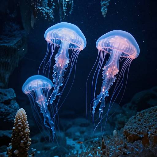 Photograph of glowing blue jellyfish with translucent, flowing tentacles in a dark, underwater coral reef, illuminated by their ethereal light.