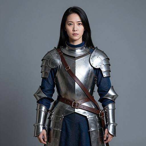 Photograph of an Asian woman with long black hair, wearing silver medieval-style armor with brown leather straps, standing against a grey background.