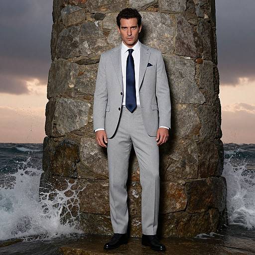 Photograph of a handsome man in a light gray suit with black tie, standing against a rocky pier, ocean waves crashing below, dramatic sunset sky in