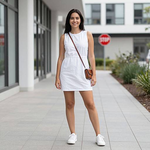 Photograph of a smiling young woman with long black hair, wearing a white sleeveless dress, white sneakers, and a brown crossbody bag, standing