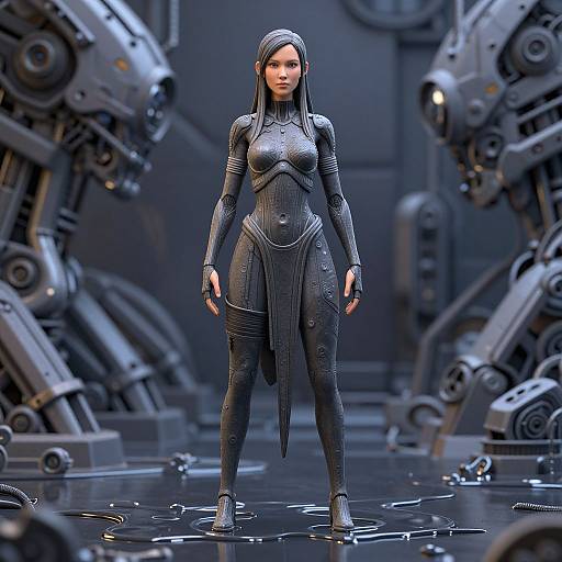 CGI image of a woman in a sleek, black, futuristic bodysuit standing in a metallic, robotic-filled, dimly lit room.