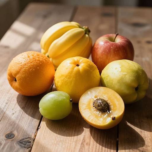 Photograph of assorted fruits on wooden table: orange, yellow lemon, yellow-green mango, red apple, green grape, halved kiwi with black