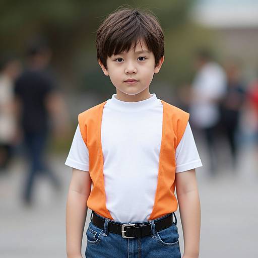 Photograph of a young Asian boy with short black hair, wearing a white t-shirt, orange vest, and blue jeans, standing outdoors with a blurred