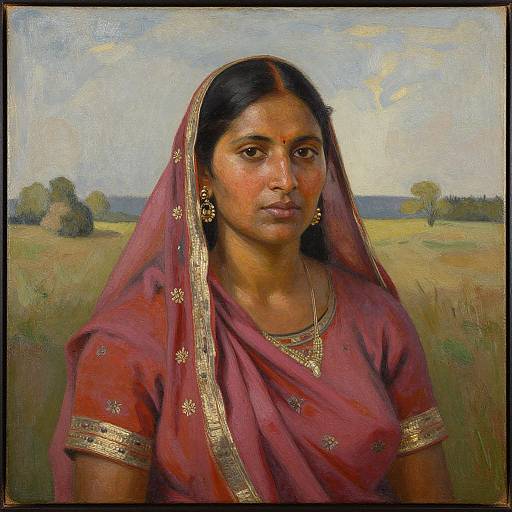 Photorealistic painting of an Indian woman with dark skin, black hair, wearing a red sari with gold trim, and gold jewelry, set against