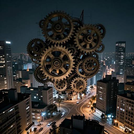 Photograph of a nighttime cityscape featuring large, floating, interlocking gears above a lit, busy street and tall, illuminated buildings.